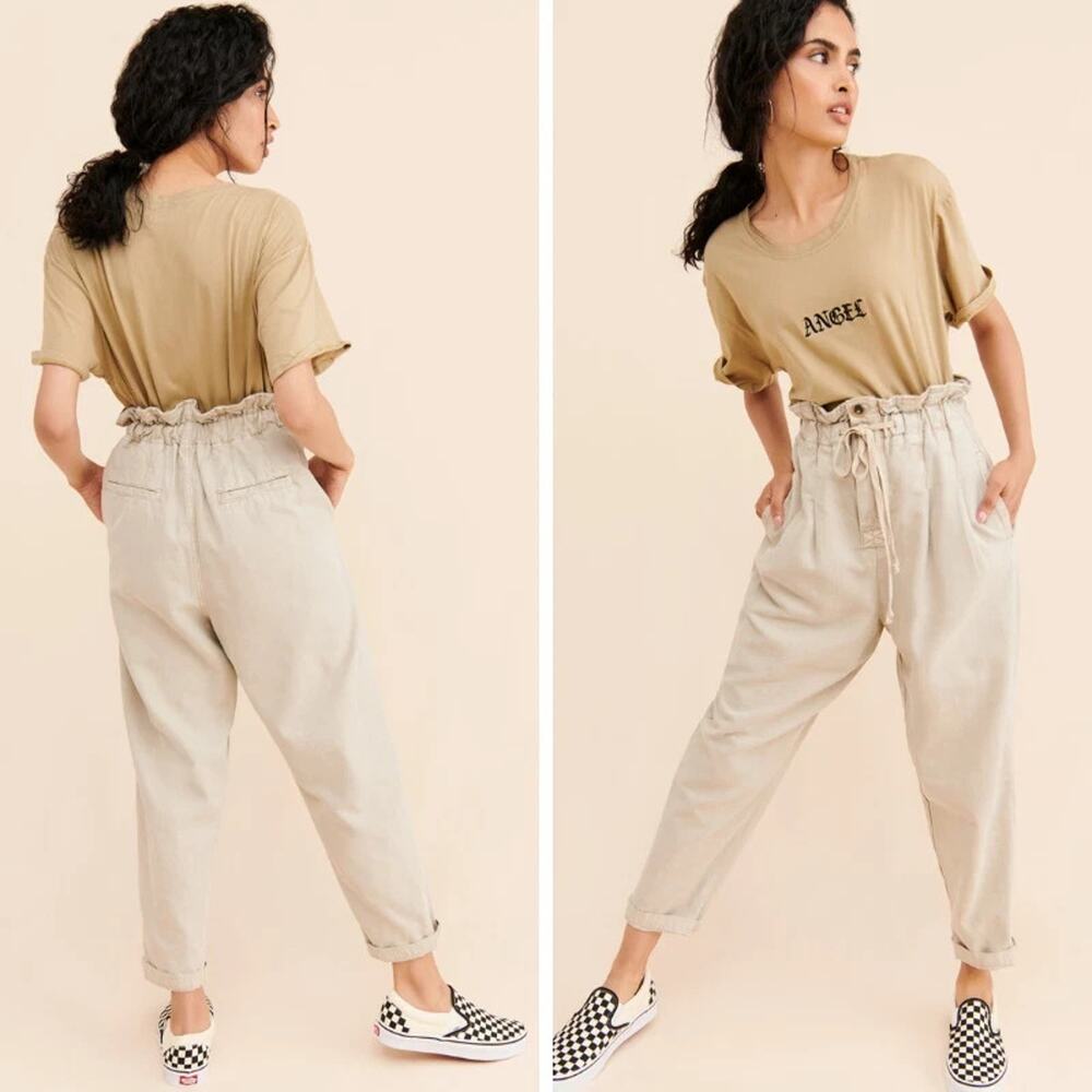 Free People Margate Paperbag Pleated Trousers Sand Beige Drawstring XS